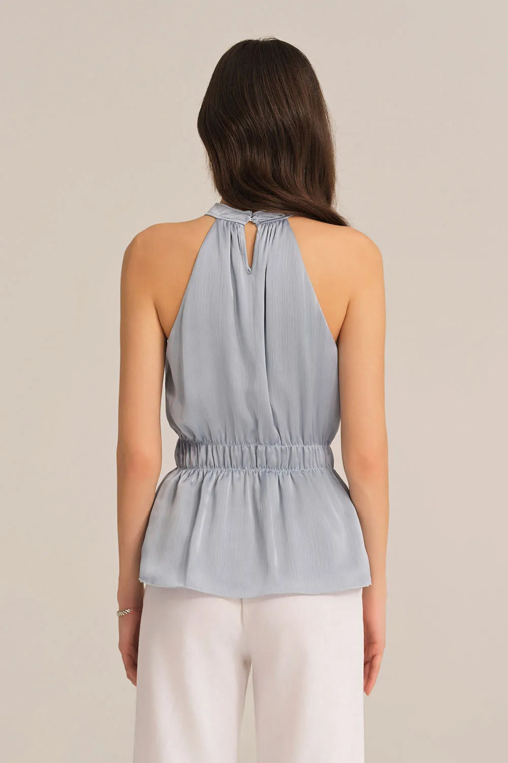 Cut-out Shoulder Keyhole Back Elastic Waist Halterneck Tops - Blue