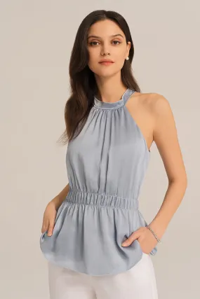Cut-out Shoulder Keyhole Back Elastic Waist Halterneck Tops - Blue