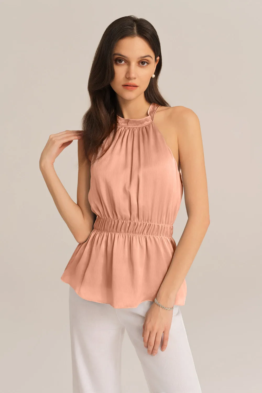 Cut-out Shoulder Keyhole Back Elastic Waist Halterneck Tops - Pink