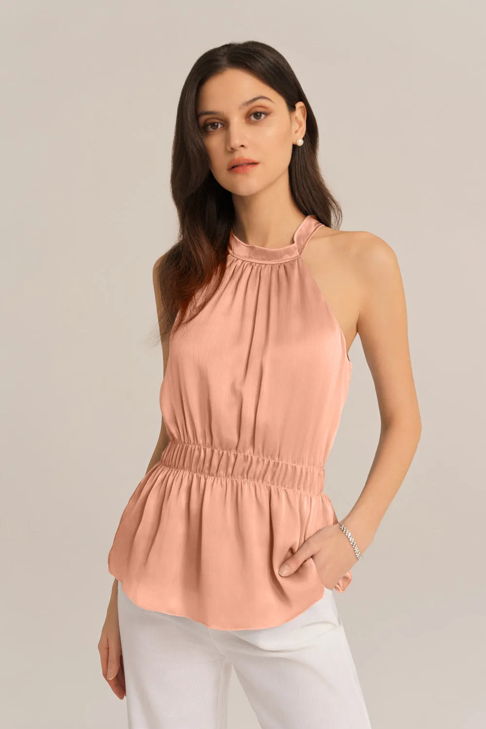 Cut-out Shoulder Keyhole Back Elastic Waist Halterneck Tops - Pink