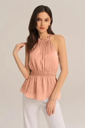 Cut-out Shoulder Keyhole Back Elastic Waist Halterneck Tops - Pink