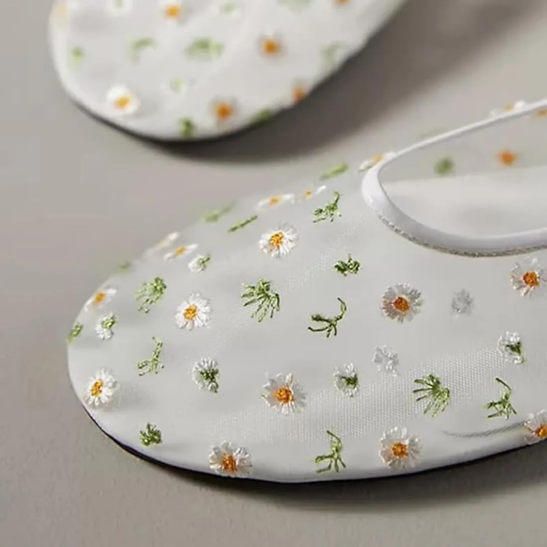 Divanne Mesh Ballet Flats for Women, Floral-Embroidered Tulle Mary Jane Flats Casual Comfortable Ballerina Shoes with Strap