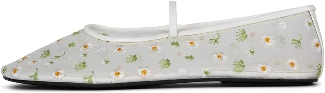 Divanne Mesh Ballet Flats for Women, Floral-Embroidered Tulle Mary Jane Flats Casual Comfortable Ballerina Shoes with Strap