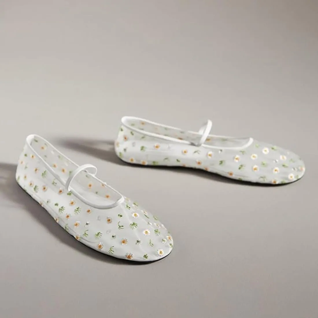 Divanne Mesh Ballet Flats for Women, Floral-Embroidered Tulle Mary Jane Flats Casual Comfortable Ballerina Shoes with Strap
