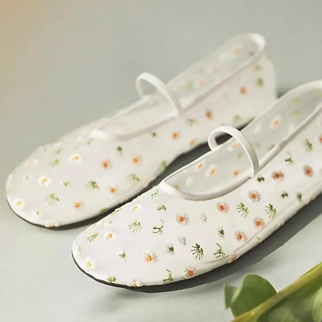 Divanne Mesh Ballet Flats for Women, Floral-Embroidered Tulle Mary Jane Flats Casual Comfortable Ballerina Shoes with Strap