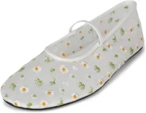 Divanne Mesh Ballet Flats for Women, Floral-Embroidered Tulle Mary Jane Flats Casual Comfortable Ballerina Shoes with Strap