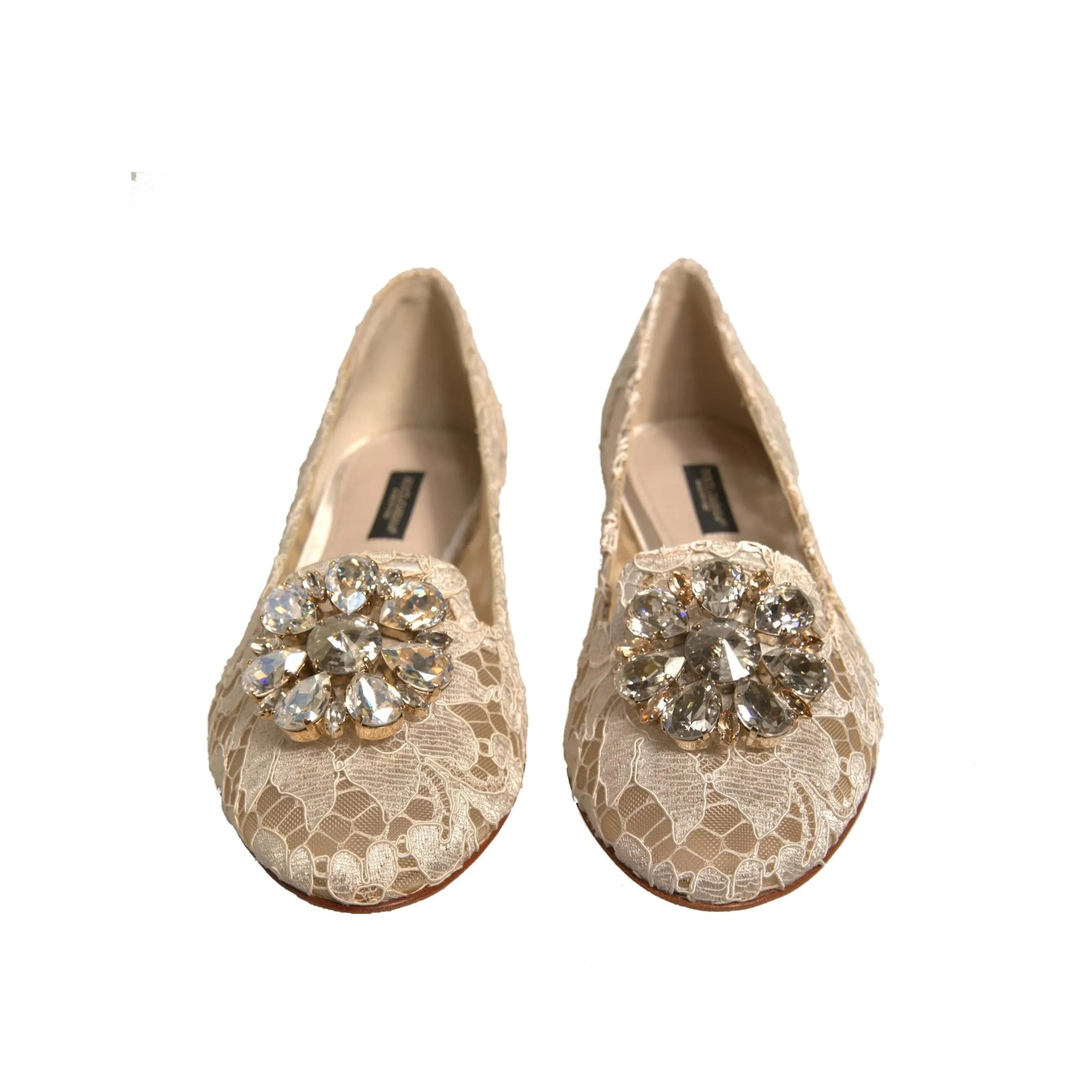 Dolce & Gabbana Beige Crystal Loafer Lace Ballet Flats Shoes