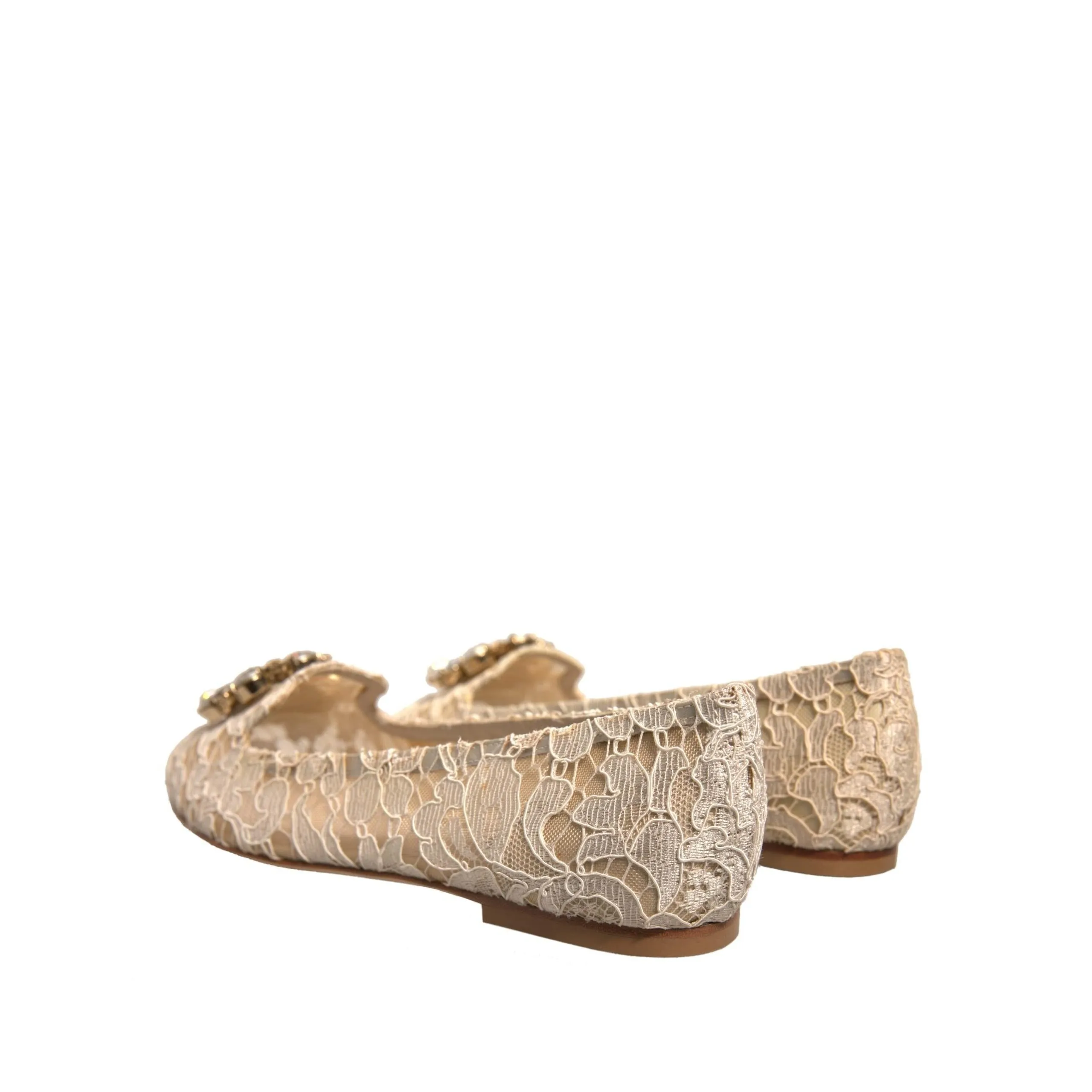 Dolce & Gabbana Beige Crystal Loafer Lace Ballet Flats Shoes