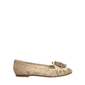 Dolce & Gabbana Beige Crystal Loafer Lace Ballet Flats Shoes
