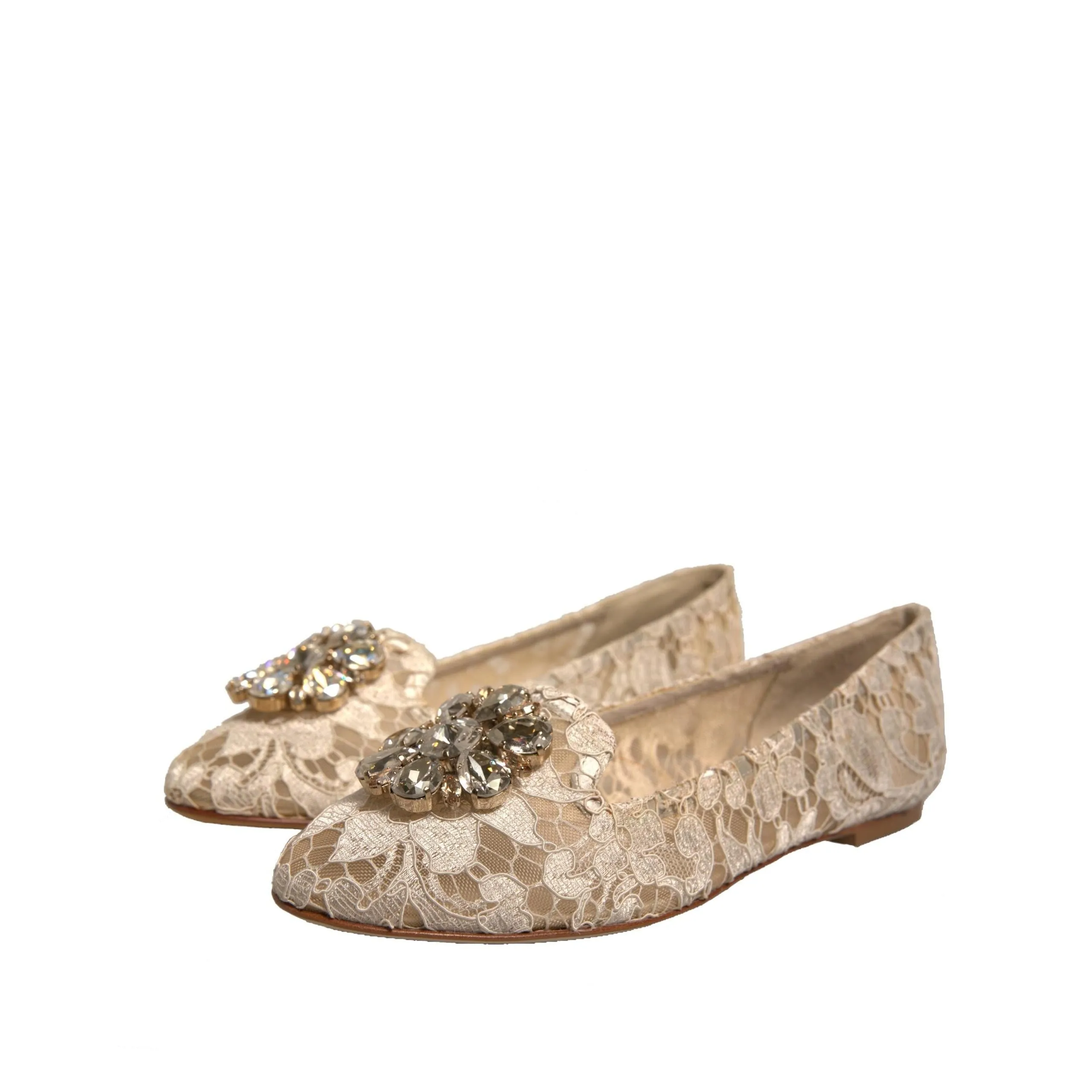 Dolce & Gabbana Beige Crystal Loafer Lace Ballet Flats Shoes