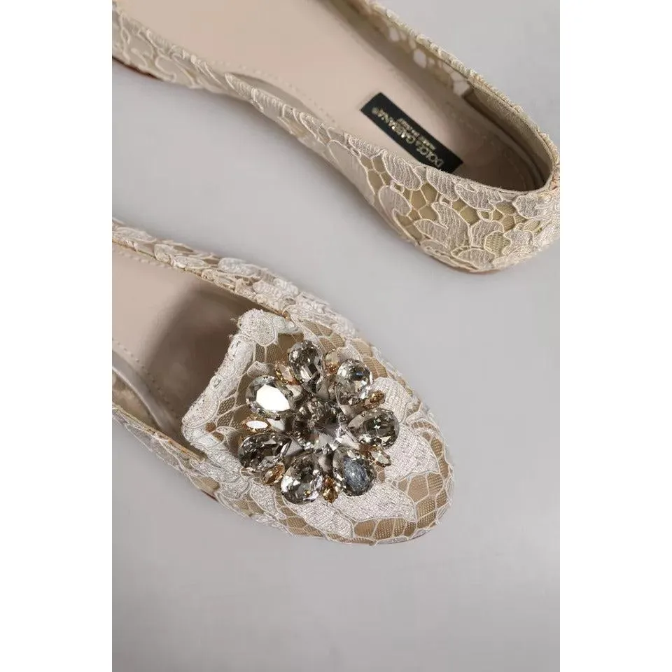 Dolce & Gabbana Beige Crystal Loafer Lace Ballet Flats Shoes