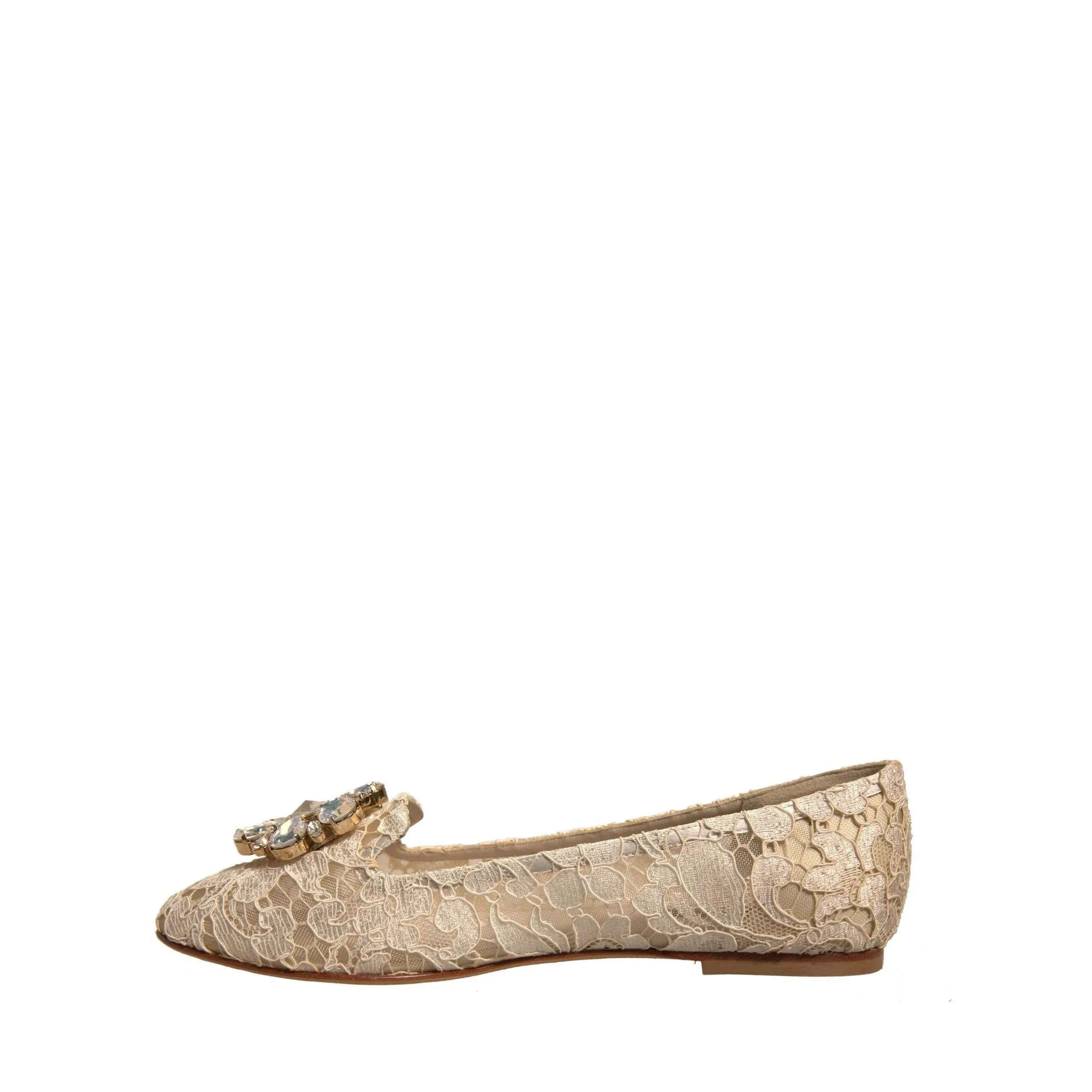 Dolce & Gabbana Beige Crystal Loafer Lace Ballet Flats Shoes
