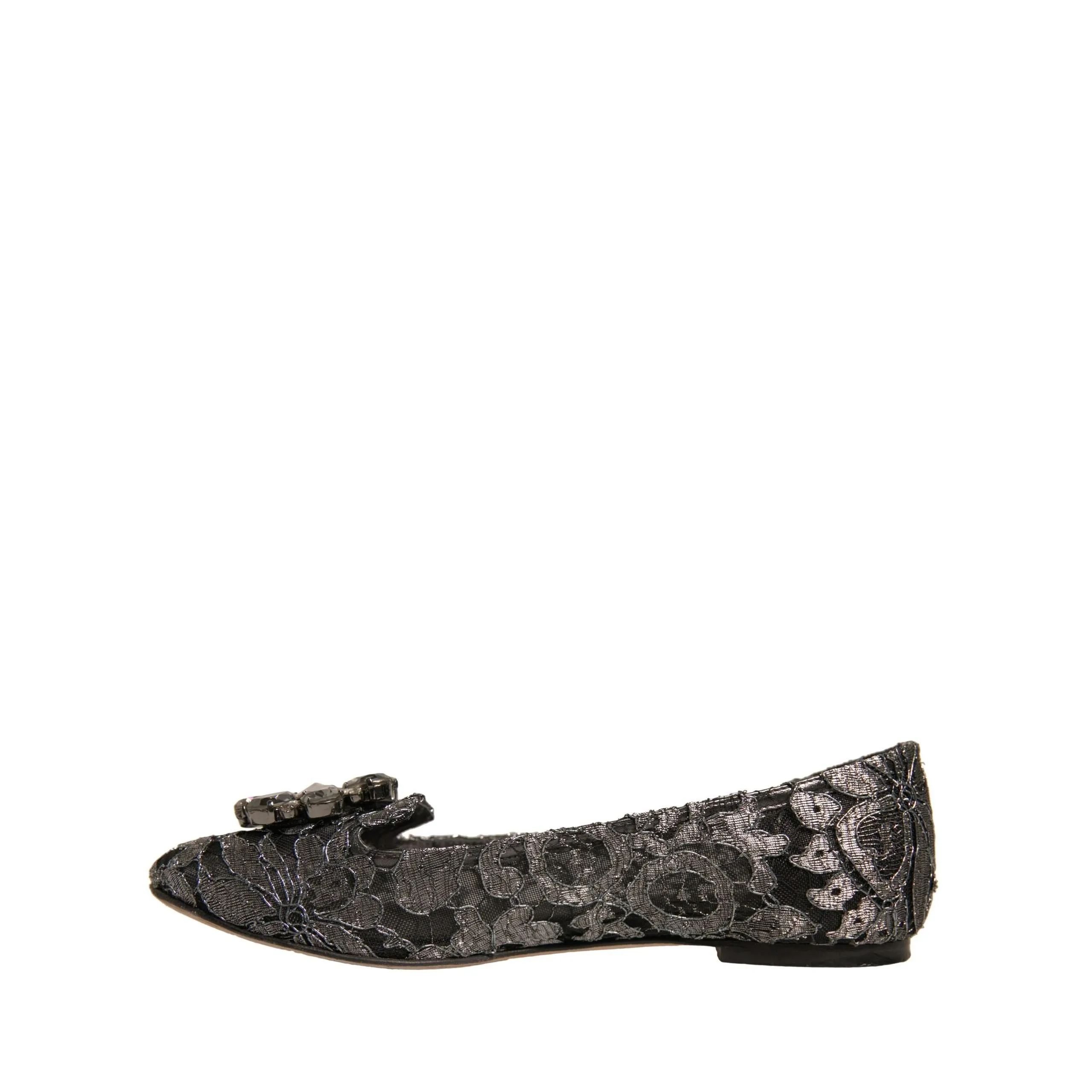 Dolce & Gabbana Silver Crystal Loafer Lace Ballet Flats Shoes