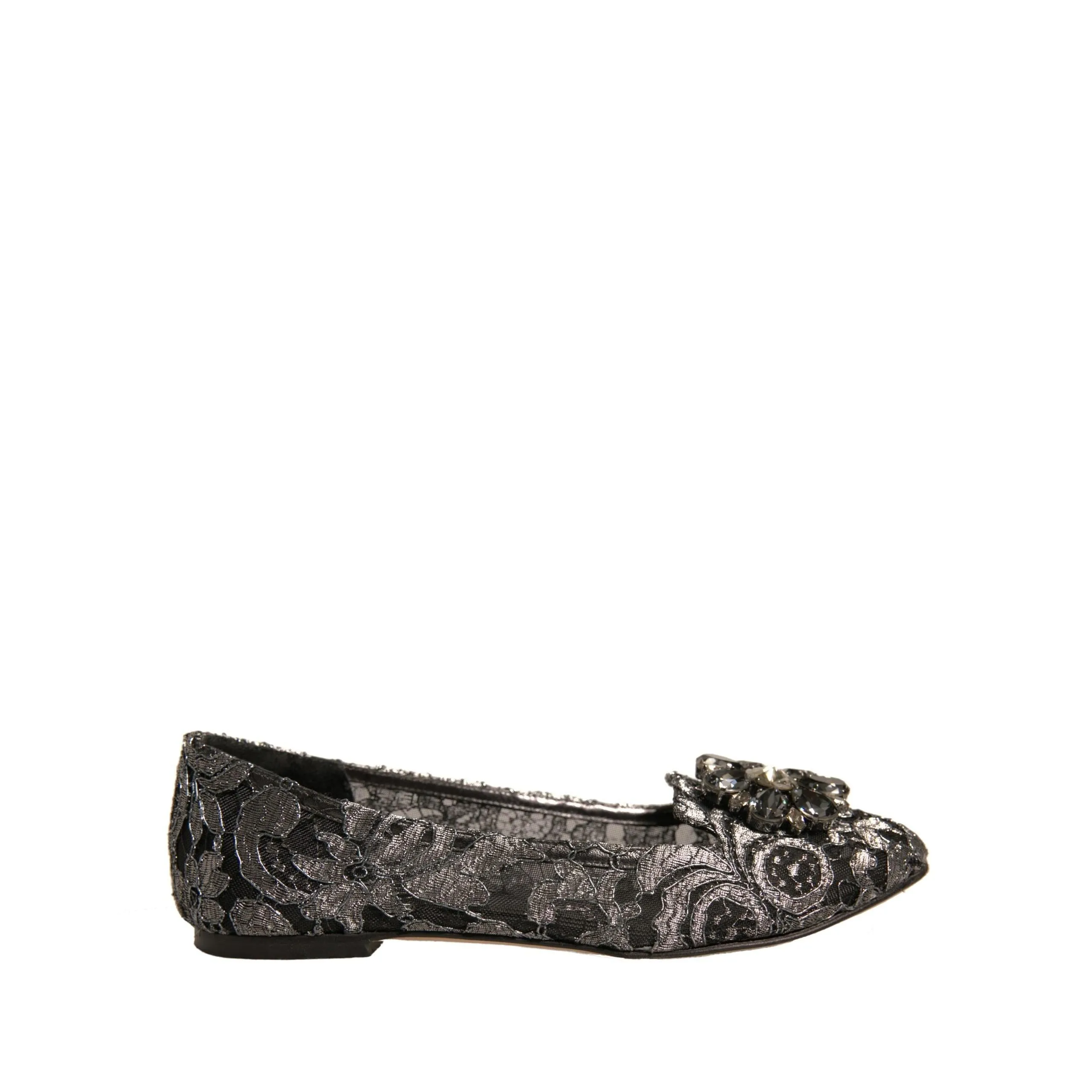 Dolce & Gabbana Silver Crystal Loafer Lace Ballet Flats Shoes