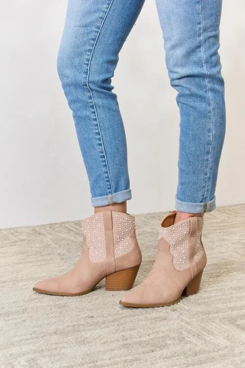 East Lion Rhinestone Adorn Ankle Cowgirl Booties