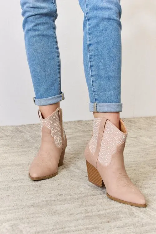East Lion Rhinestone Adorn Ankle Cowgirl Booties