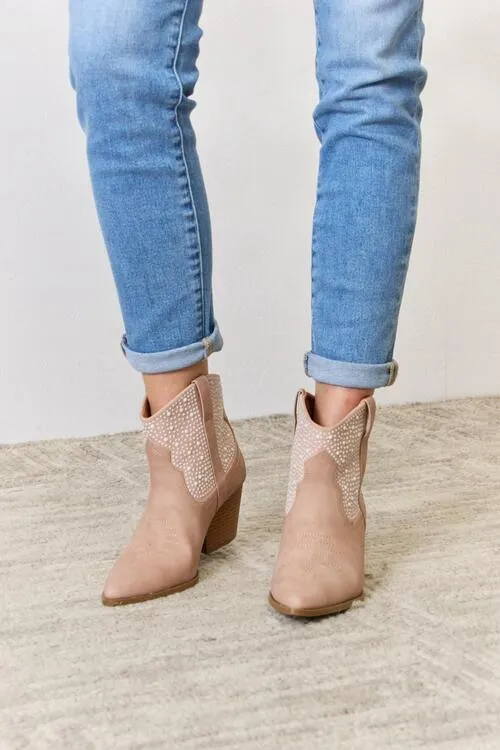 East Lion Rhinestone Adorn Ankle Cowgirl Booties