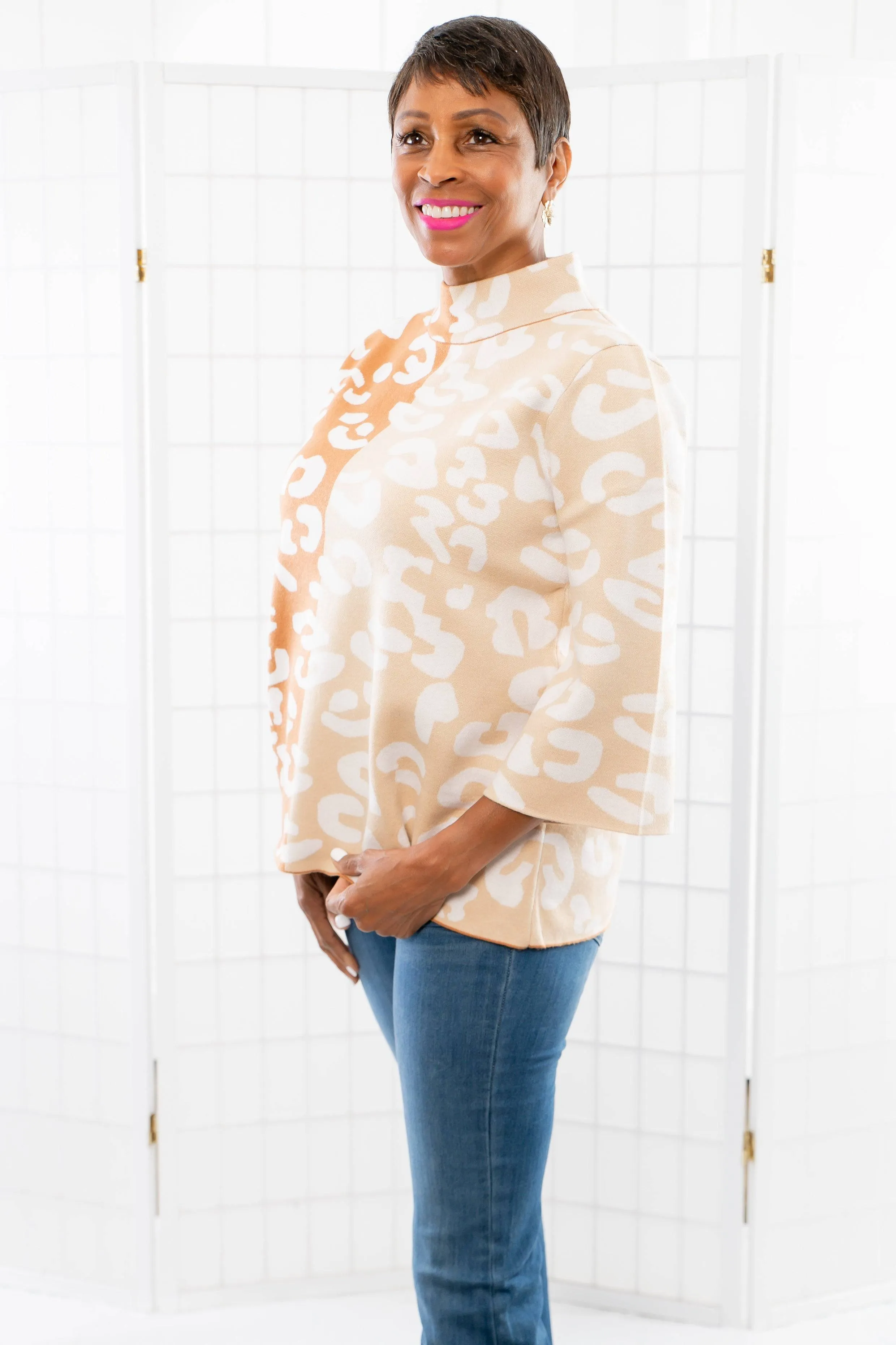 Easy to Love Rust Color Block Cheetah Mock Neck Bell Sleeve Sweater