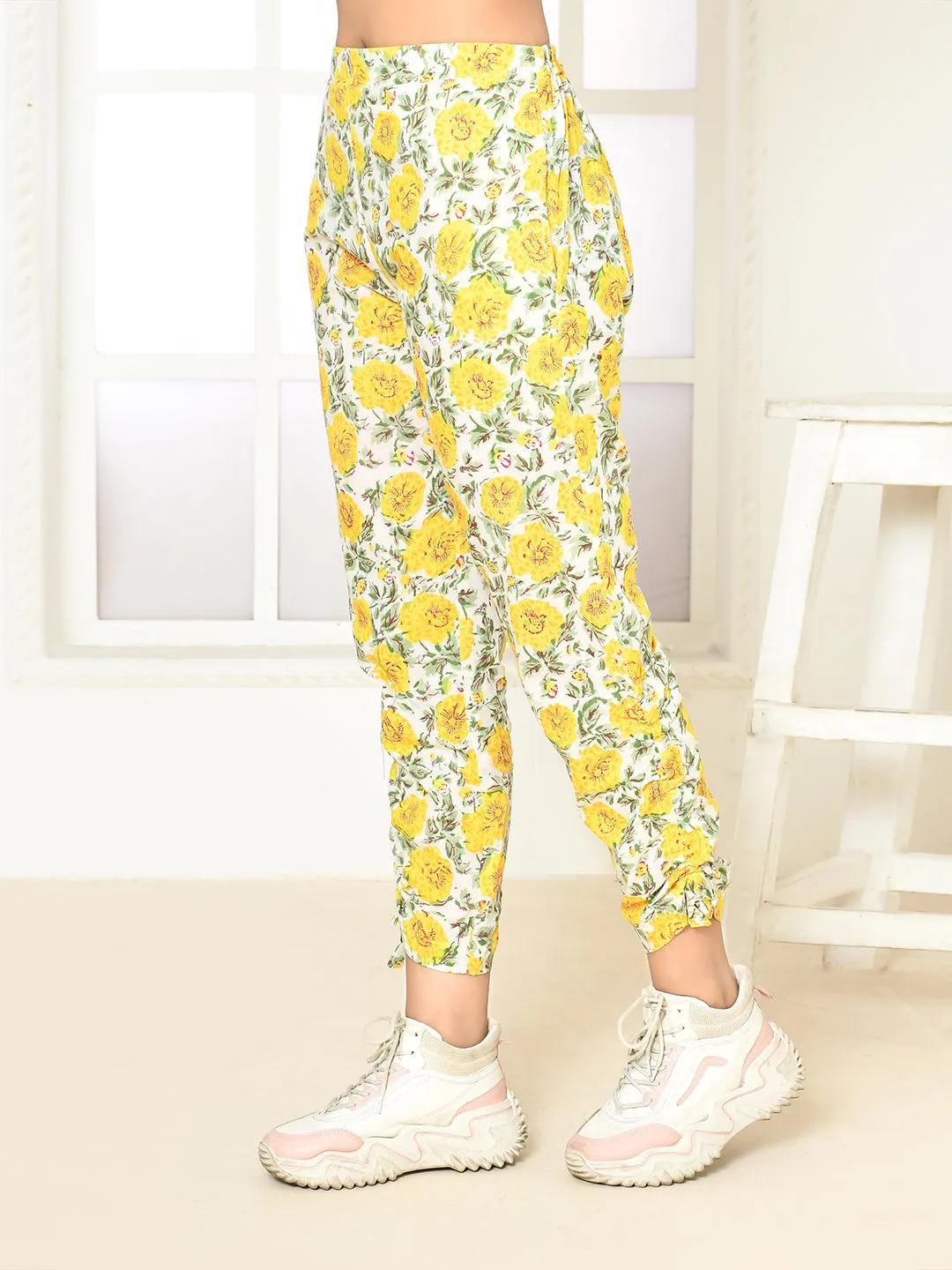 Elaura Yellow Cotton Handprint Pant Only