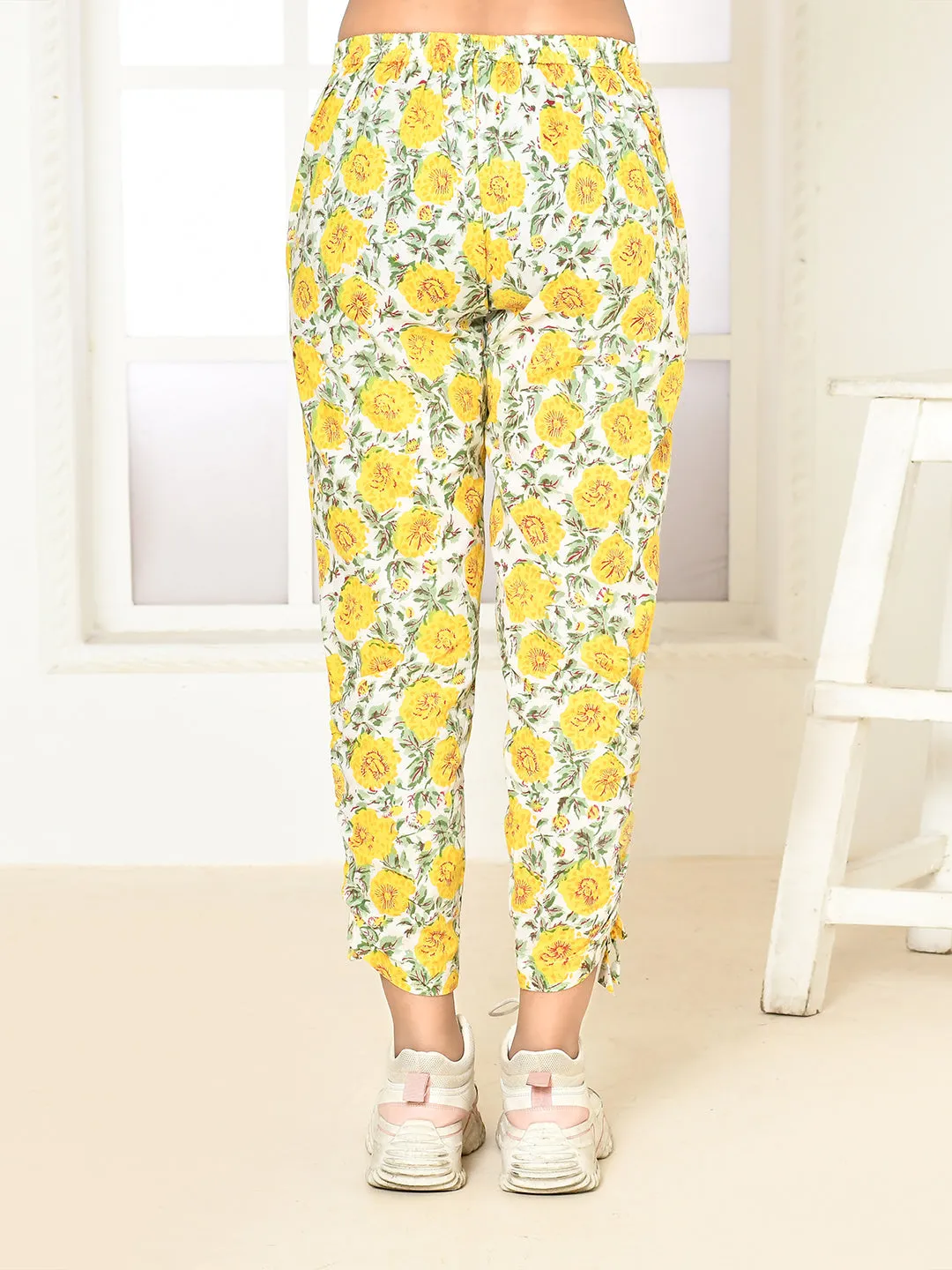Elaura Yellow Cotton Handprint Pant Only