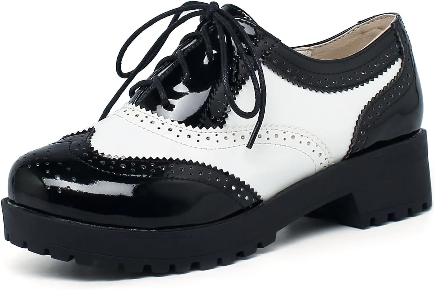 Elbslutt Women's Patent Leather Wingtip Oxfords Low Mid Heels Vintage Shoes Lace Up Pumps Retro Brogues Shoes