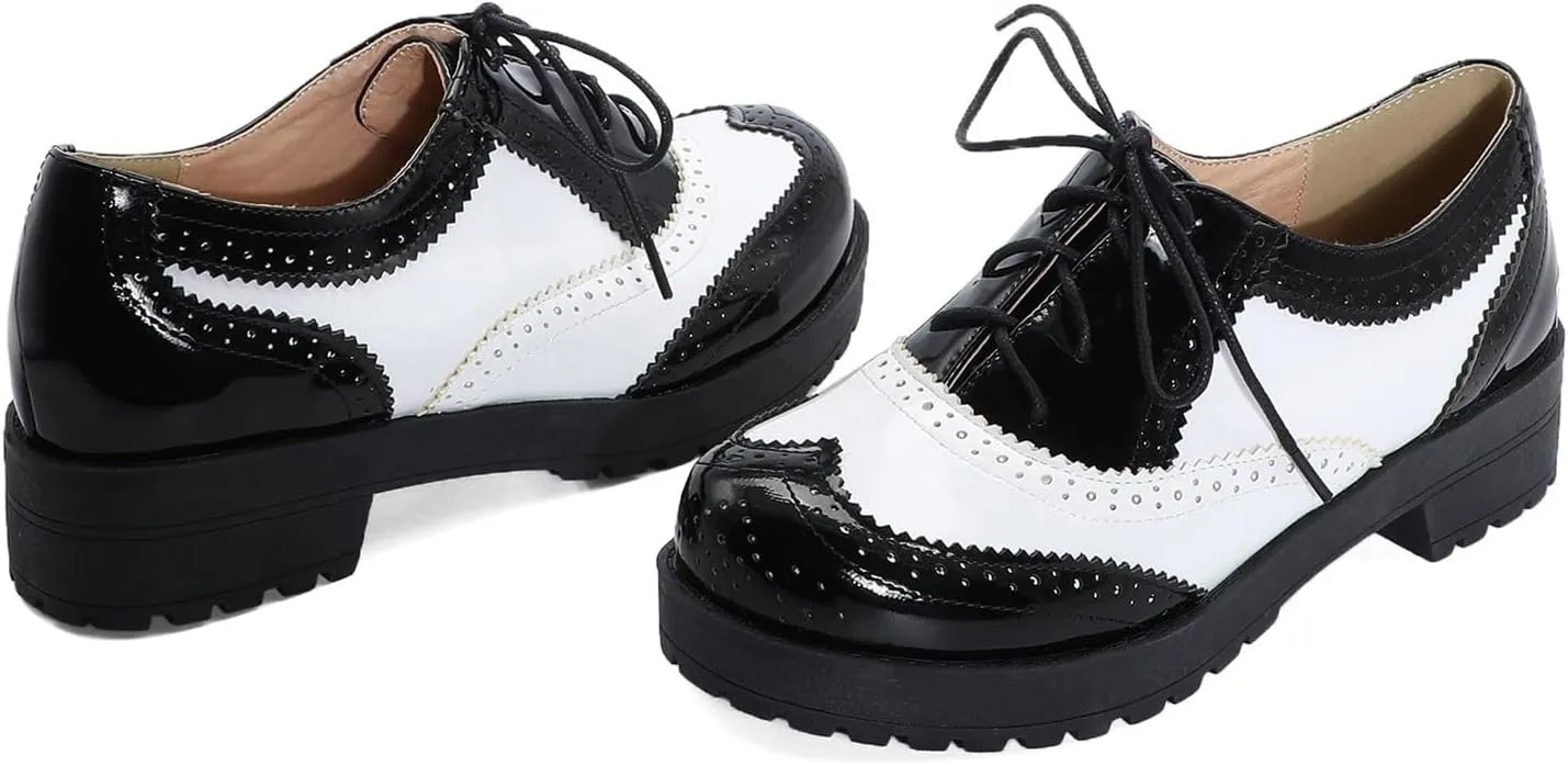 Elbslutt Women's Patent Leather Wingtip Oxfords Low Mid Heels Vintage Shoes Lace Up Pumps Retro Brogues Shoes