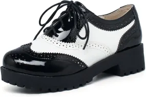 Elbslutt Women's Patent Leather Wingtip Oxfords Low Mid Heels Vintage Shoes Lace Up Pumps Retro Brogues Shoes