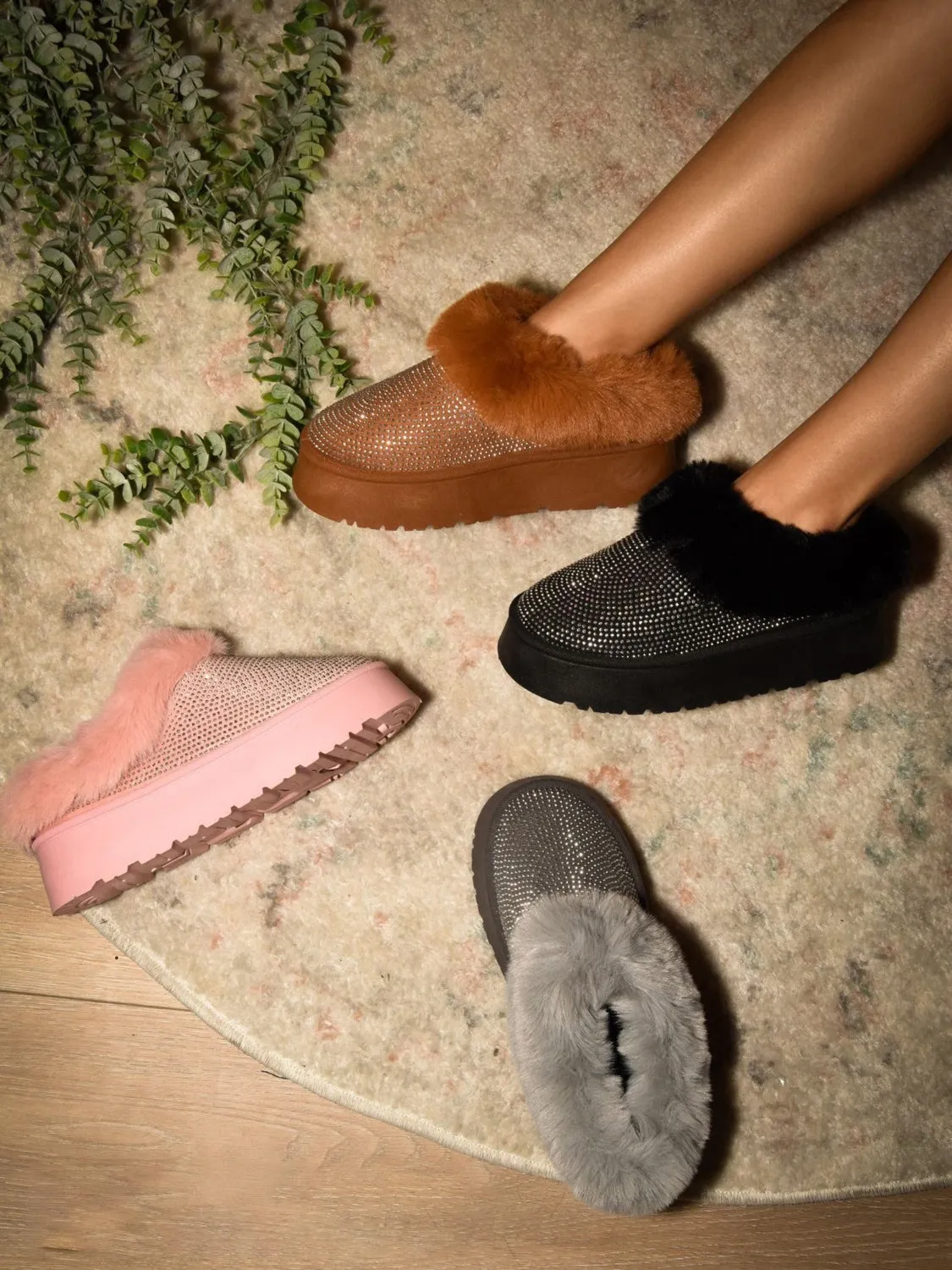 Embellished Faux Fur Platform Booties Black