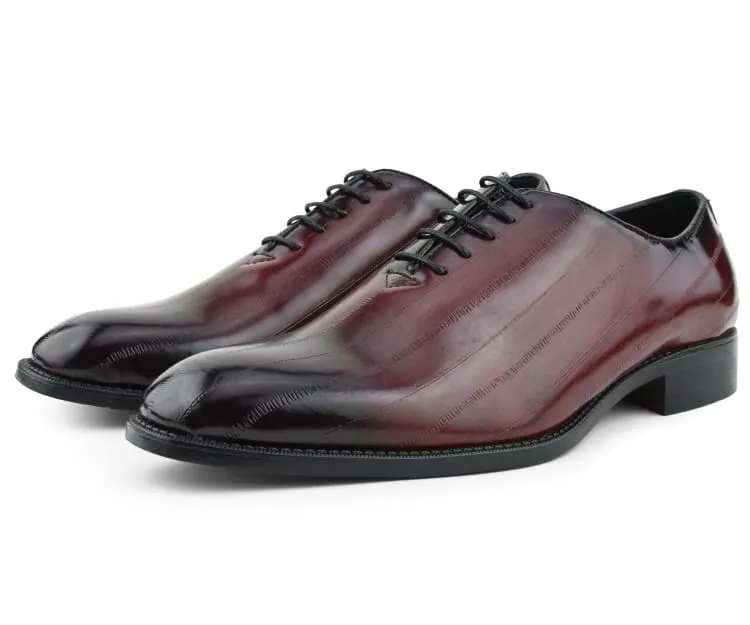 Exotic Elegance Burgundy Eel Skin Oxfords Women’s