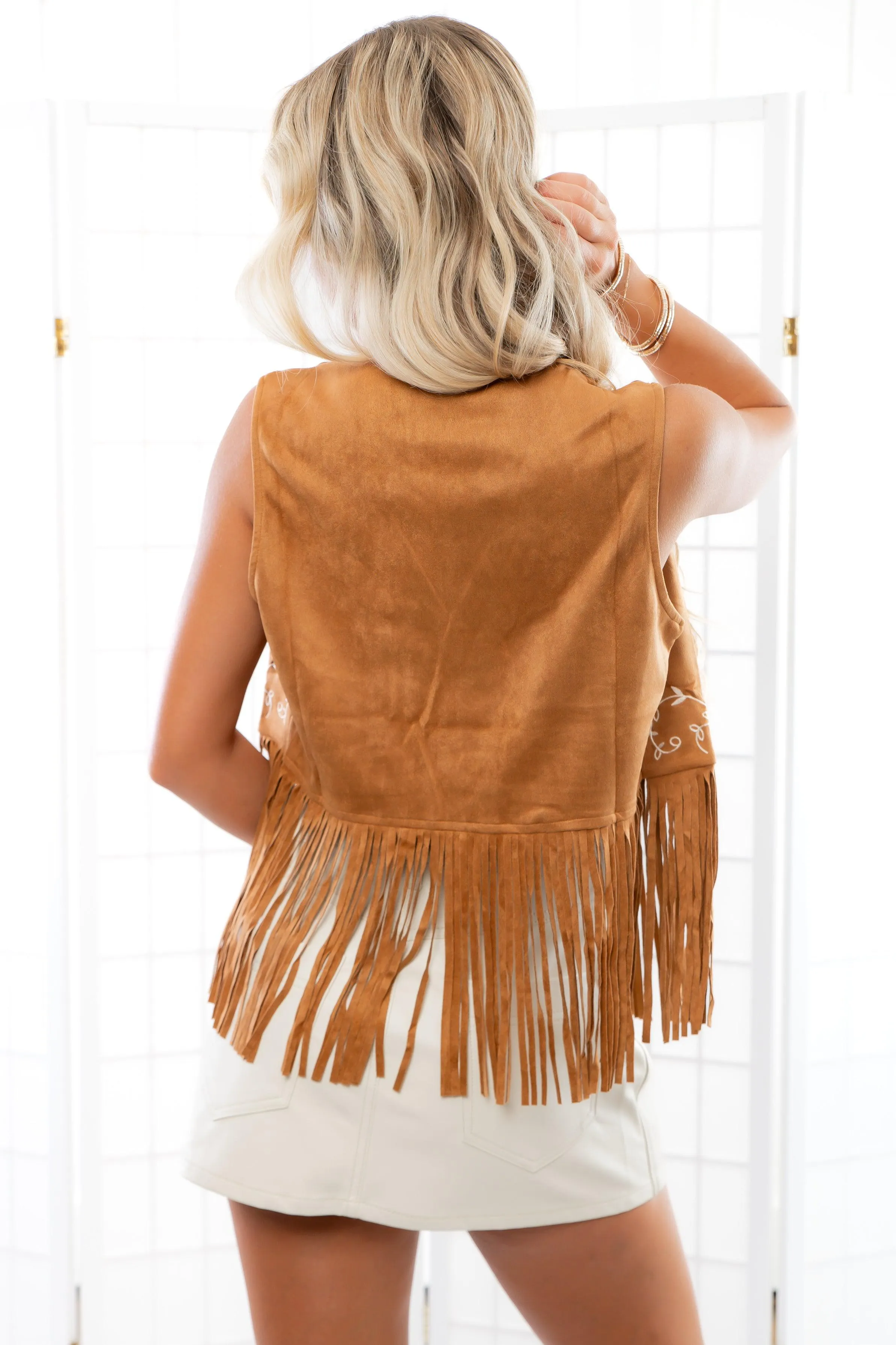 Fleetwood Camel Suede Embroidered Fringe Vest