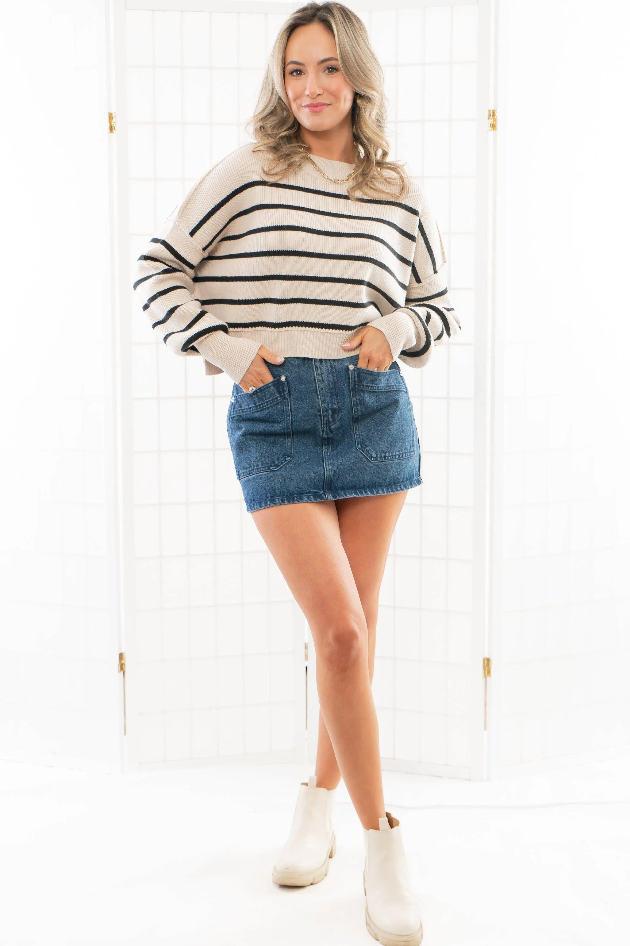 Free People Easy Street Pearl Combo Stripe Crop Pullover