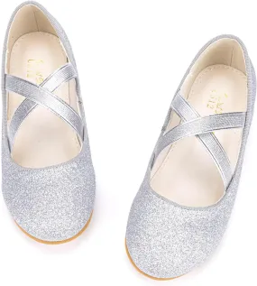 Girls Glitter Ballerina Dress Shoes Mary Jane Ballet Flats for Girls Wedding Party Back to School with Elastic Strap