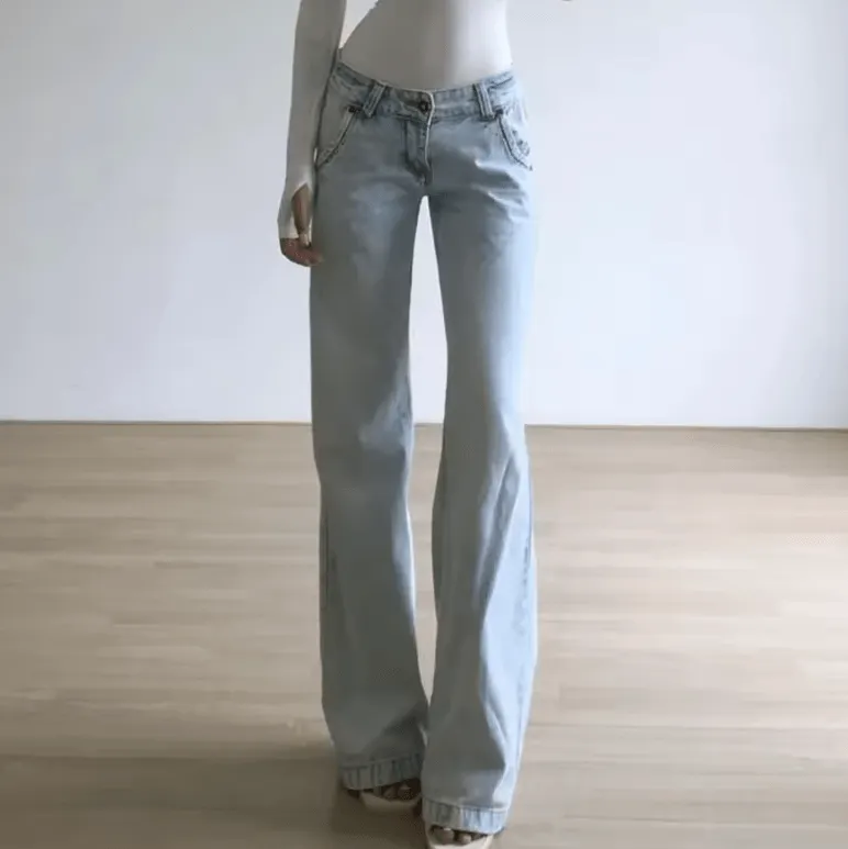Light Blue Low Waist Denim Pants for Women | Y2K Fashion Washed Straight Jeans