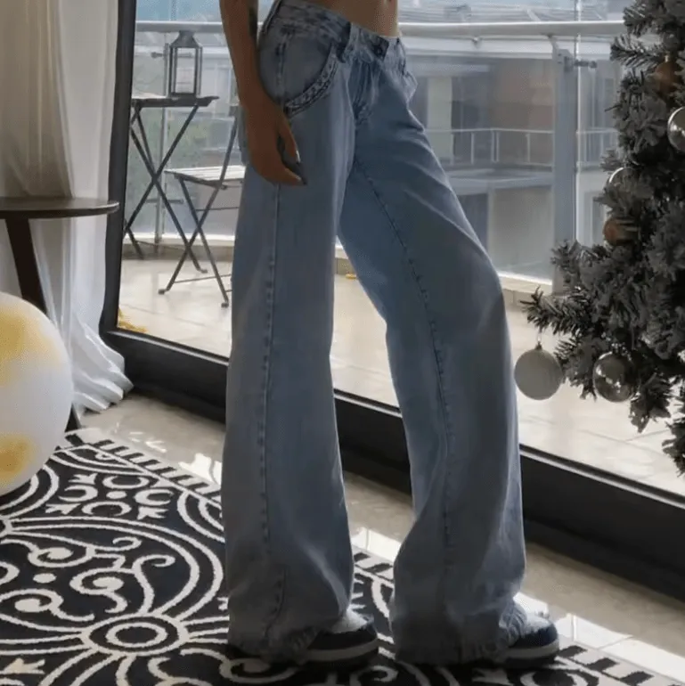 Light Blue Low Waist Denim Pants for Women | Y2K Fashion Washed Straight Jeans