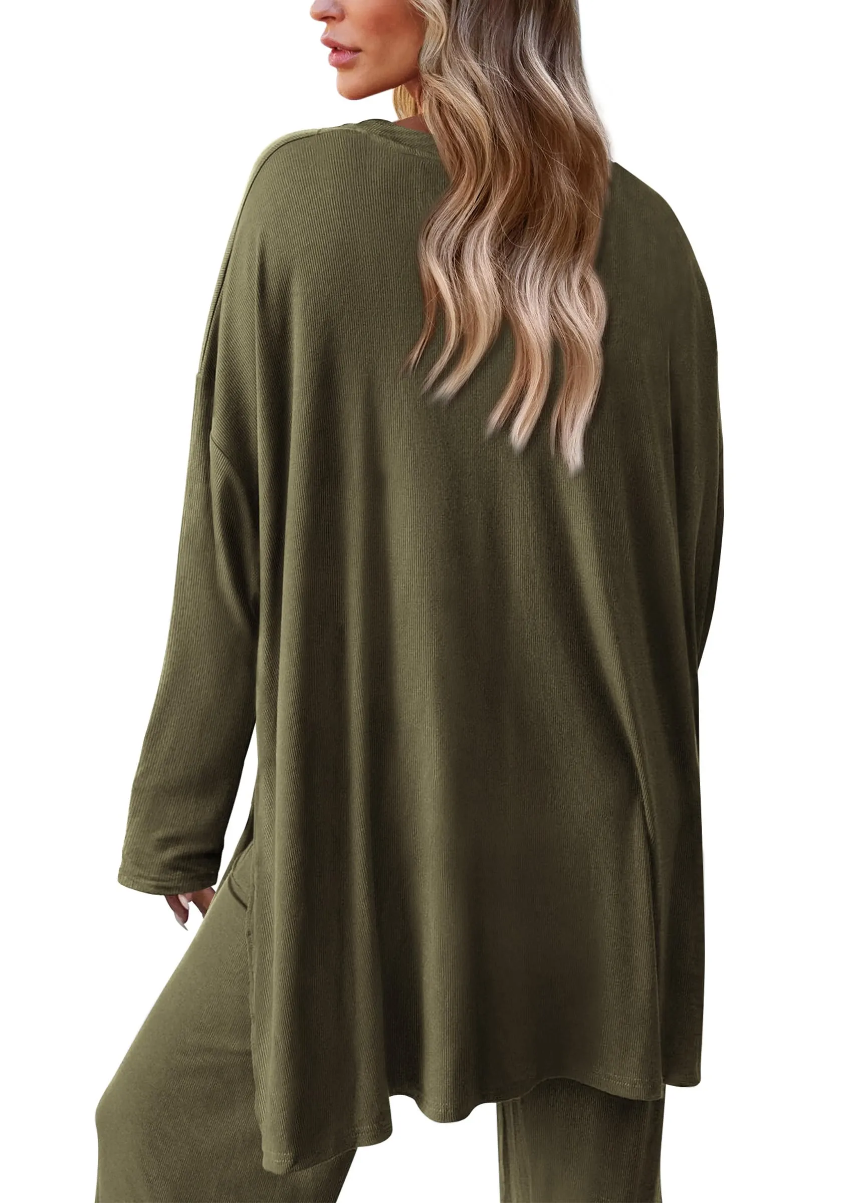 Long Sleeve High Low Tops T-Shirts Wide Leg Pants Two Piece Sets