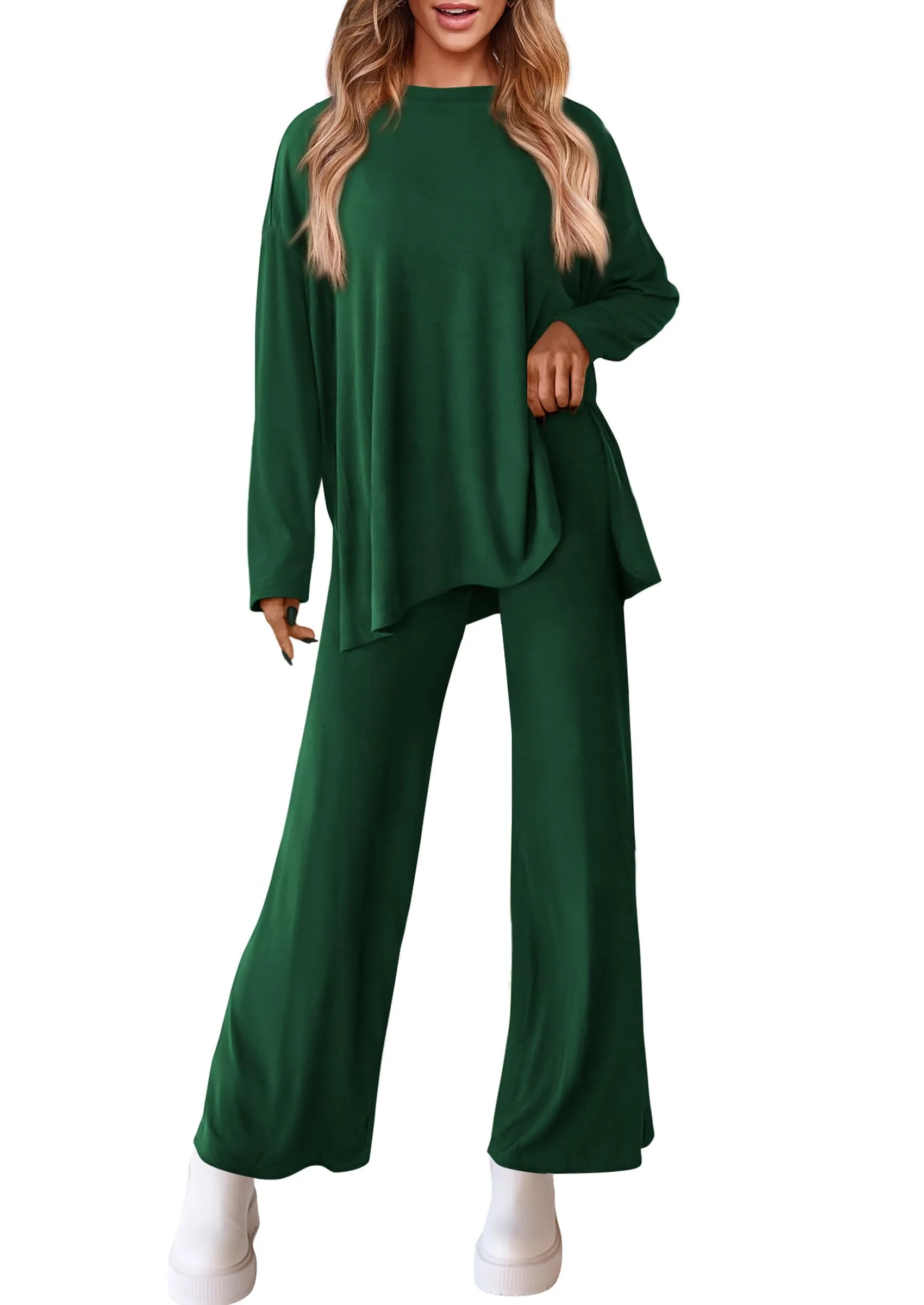 Long Sleeve High Low Tops T-Shirts Wide Leg Pants Two Piece Sets