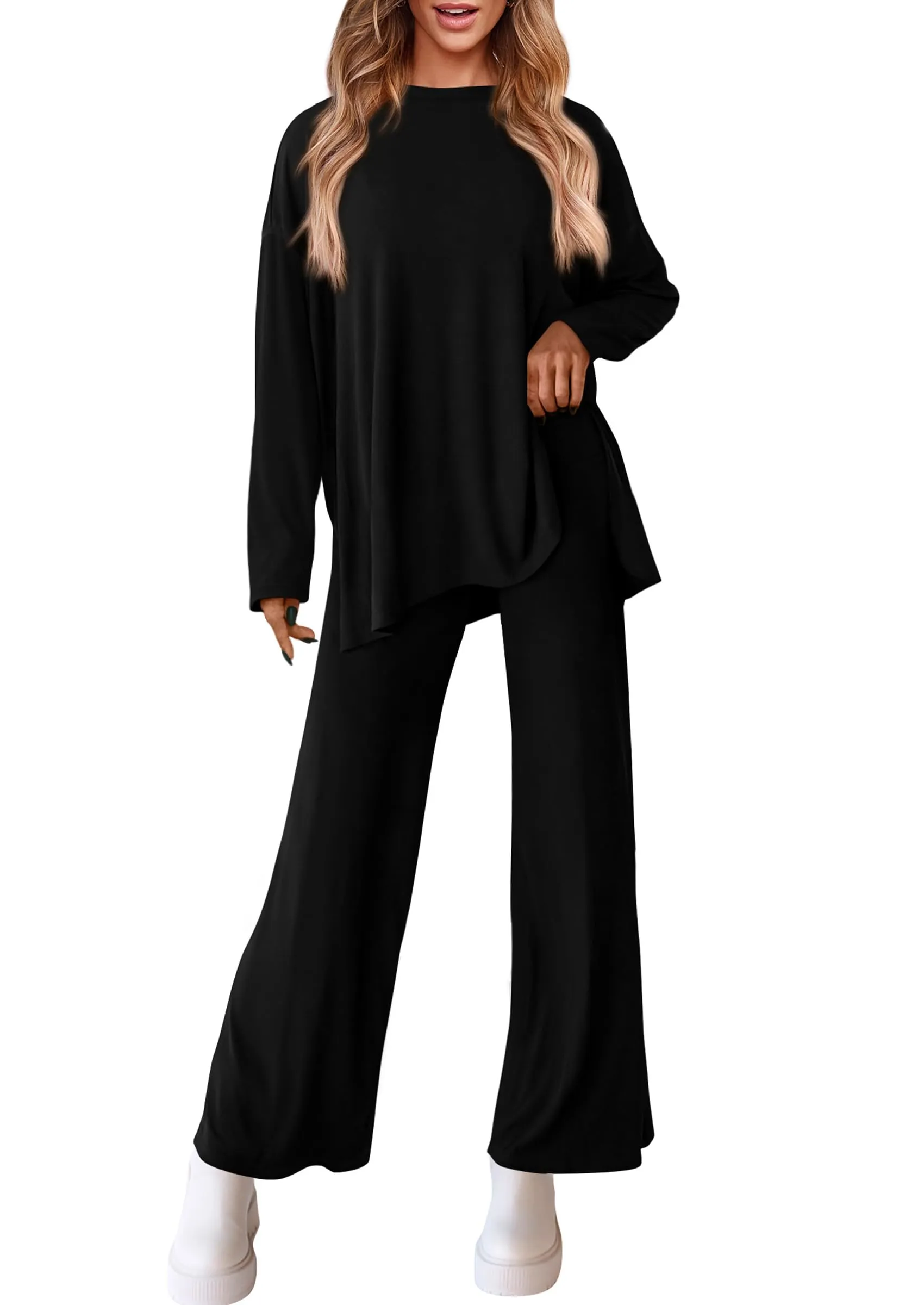 Long Sleeve High Low Tops T-Shirts Wide Leg Pants Two Piece Sets