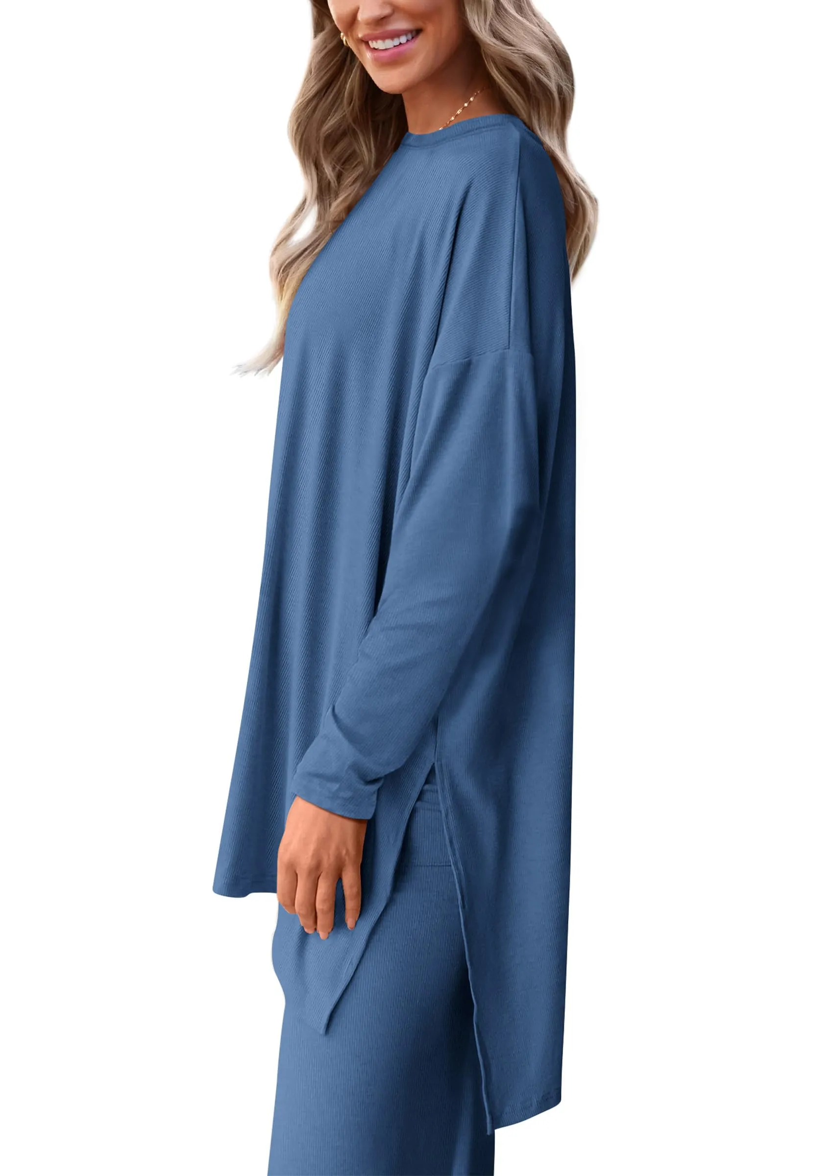 Long Sleeve High Low Tops T-Shirts Wide Leg Pants Two Piece Sets