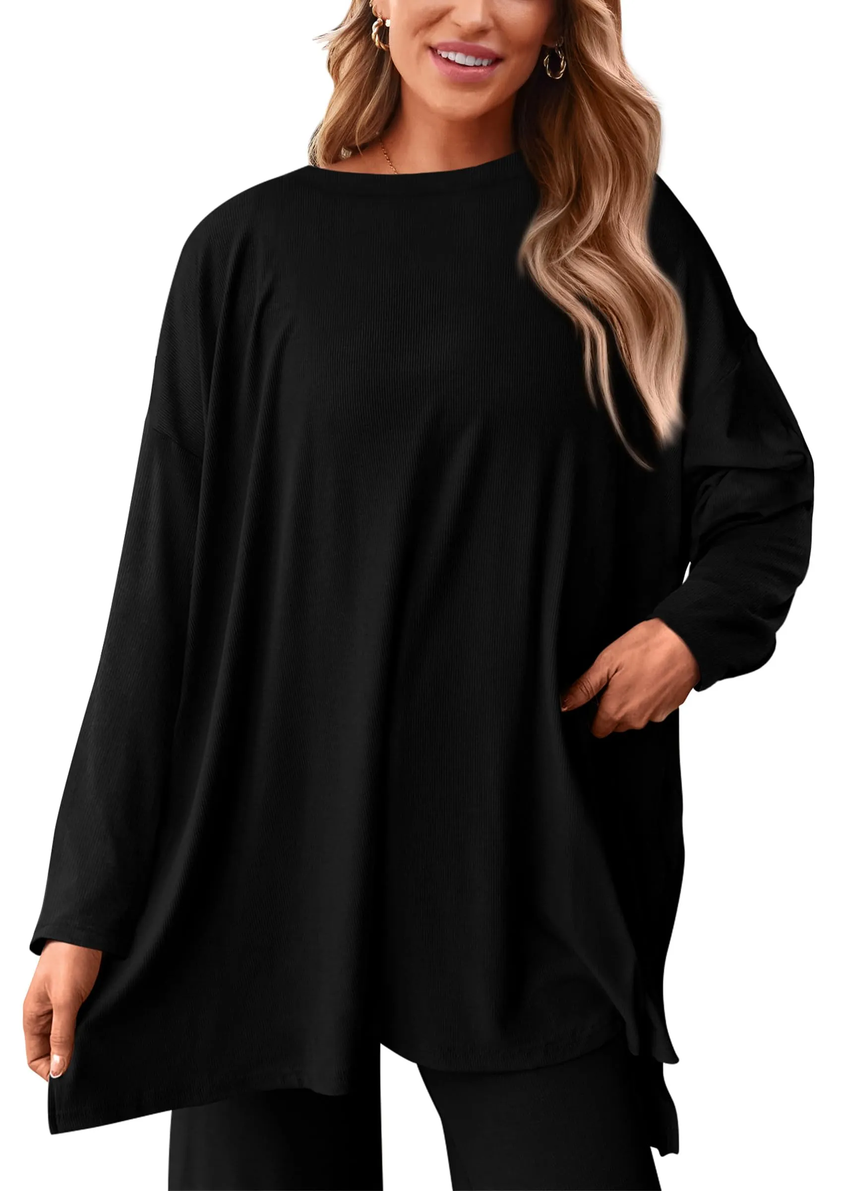 Long Sleeve High Low Tops T-Shirts Wide Leg Pants Two Piece Sets