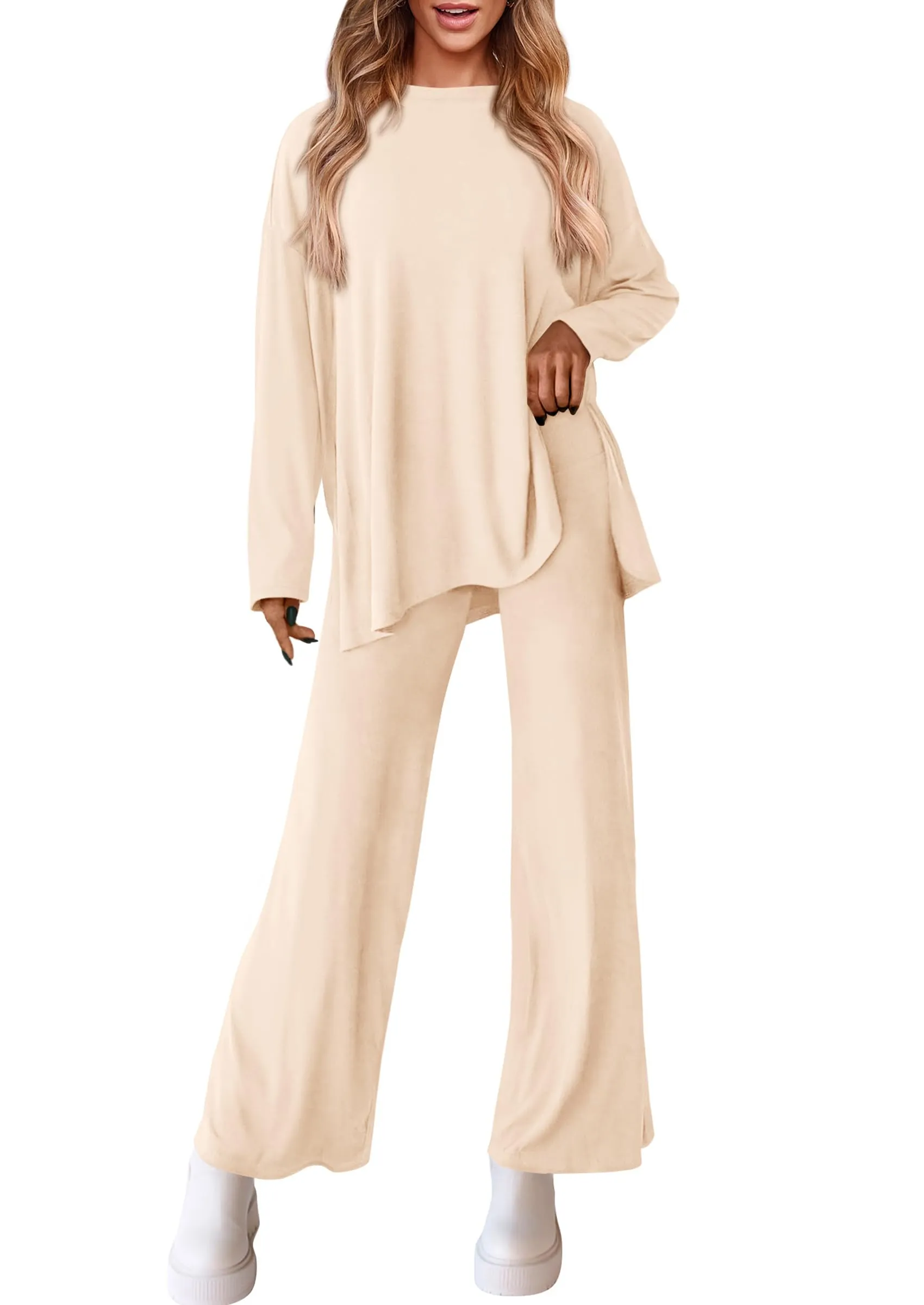 Long Sleeve High Low Tops T-Shirts Wide Leg Pants Two Piece Sets