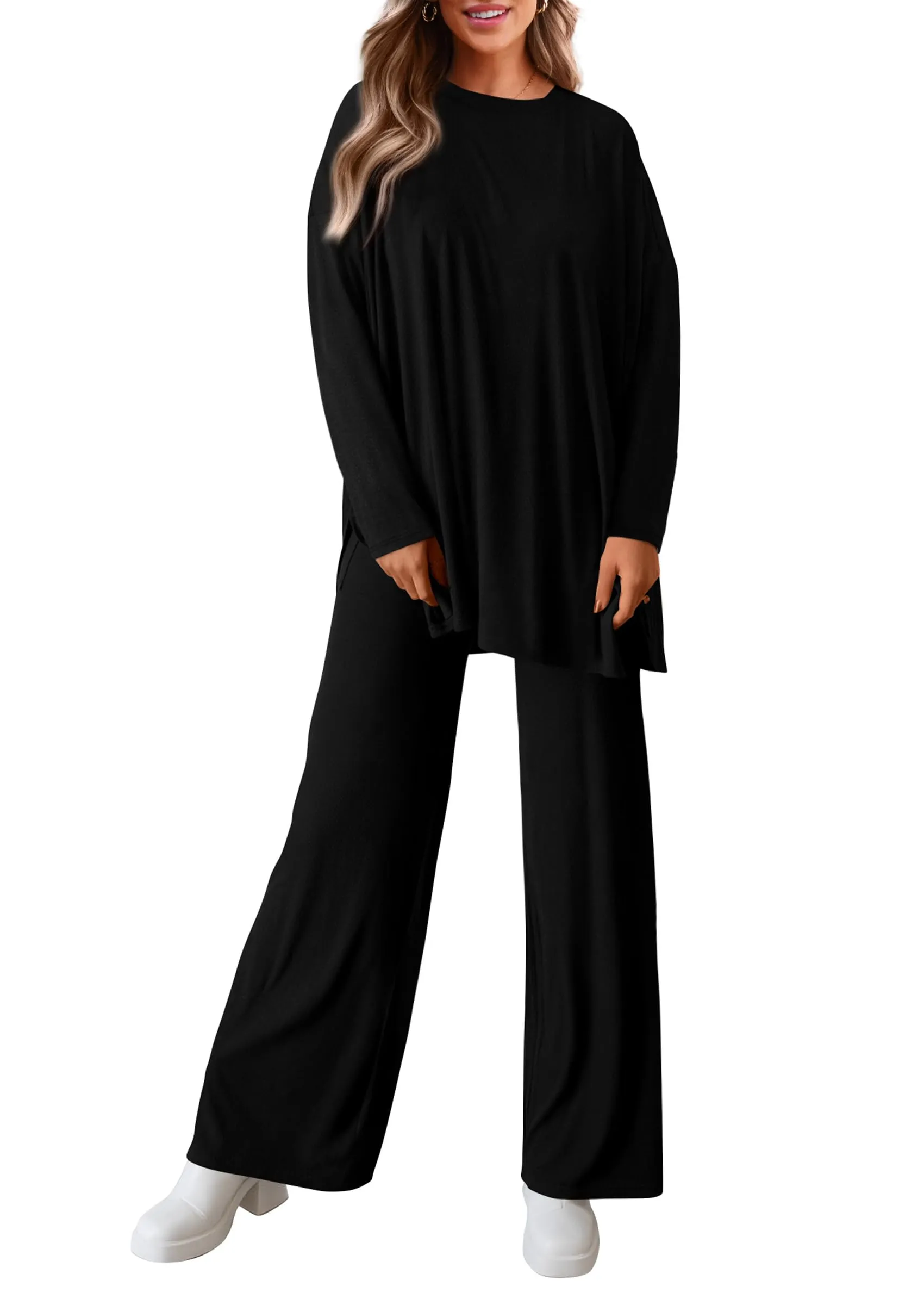 Long Sleeve High Low Tops T-Shirts Wide Leg Pants Two Piece Sets