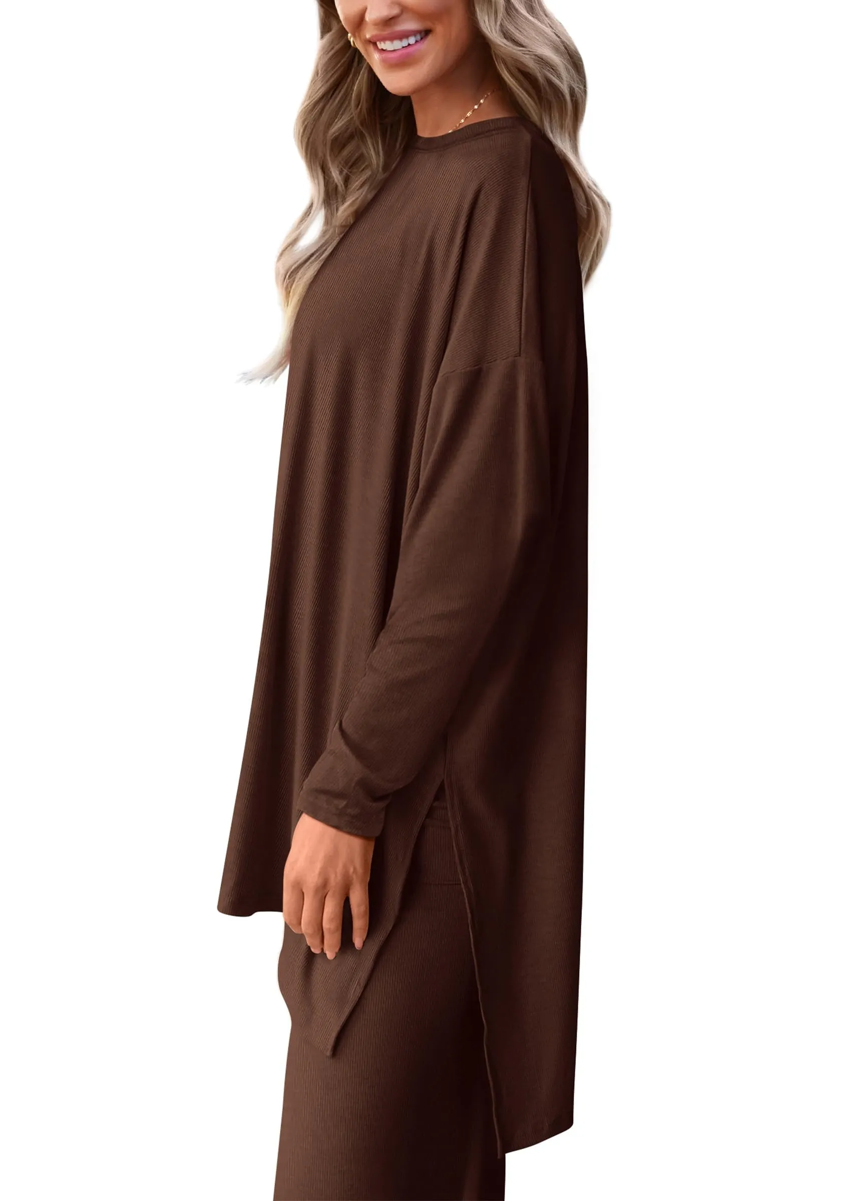 Long Sleeve High Low Tops T-Shirts Wide Leg Pants Two Piece Sets