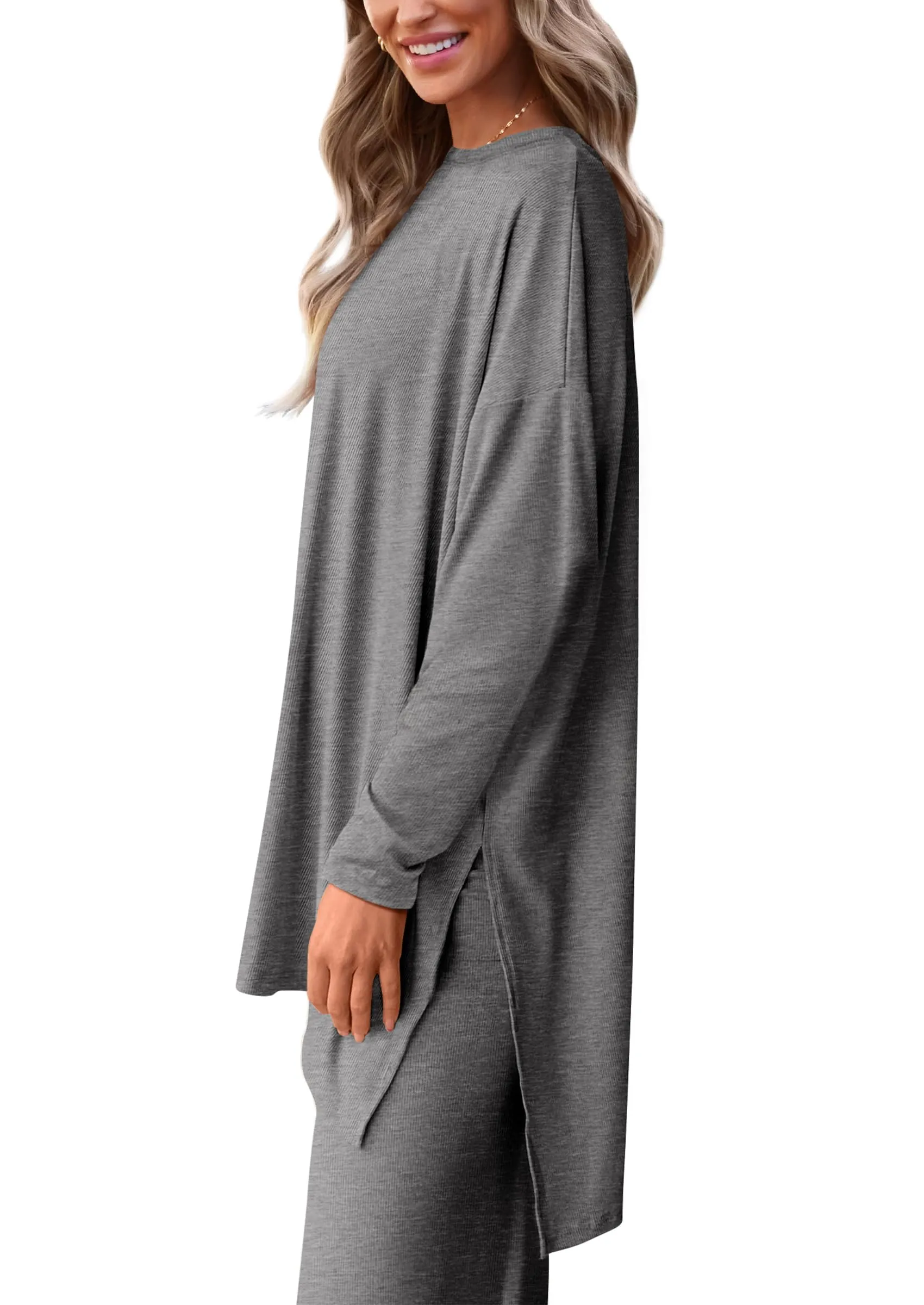 Long Sleeve High Low Tops T-Shirts Wide Leg Pants Two Piece Sets