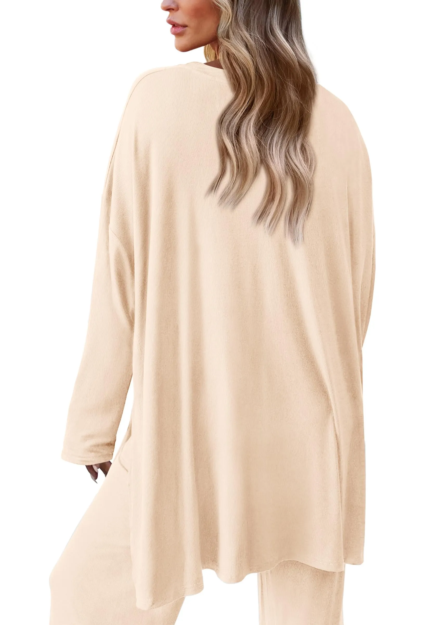 Long Sleeve High Low Tops T-Shirts Wide Leg Pants Two Piece Sets