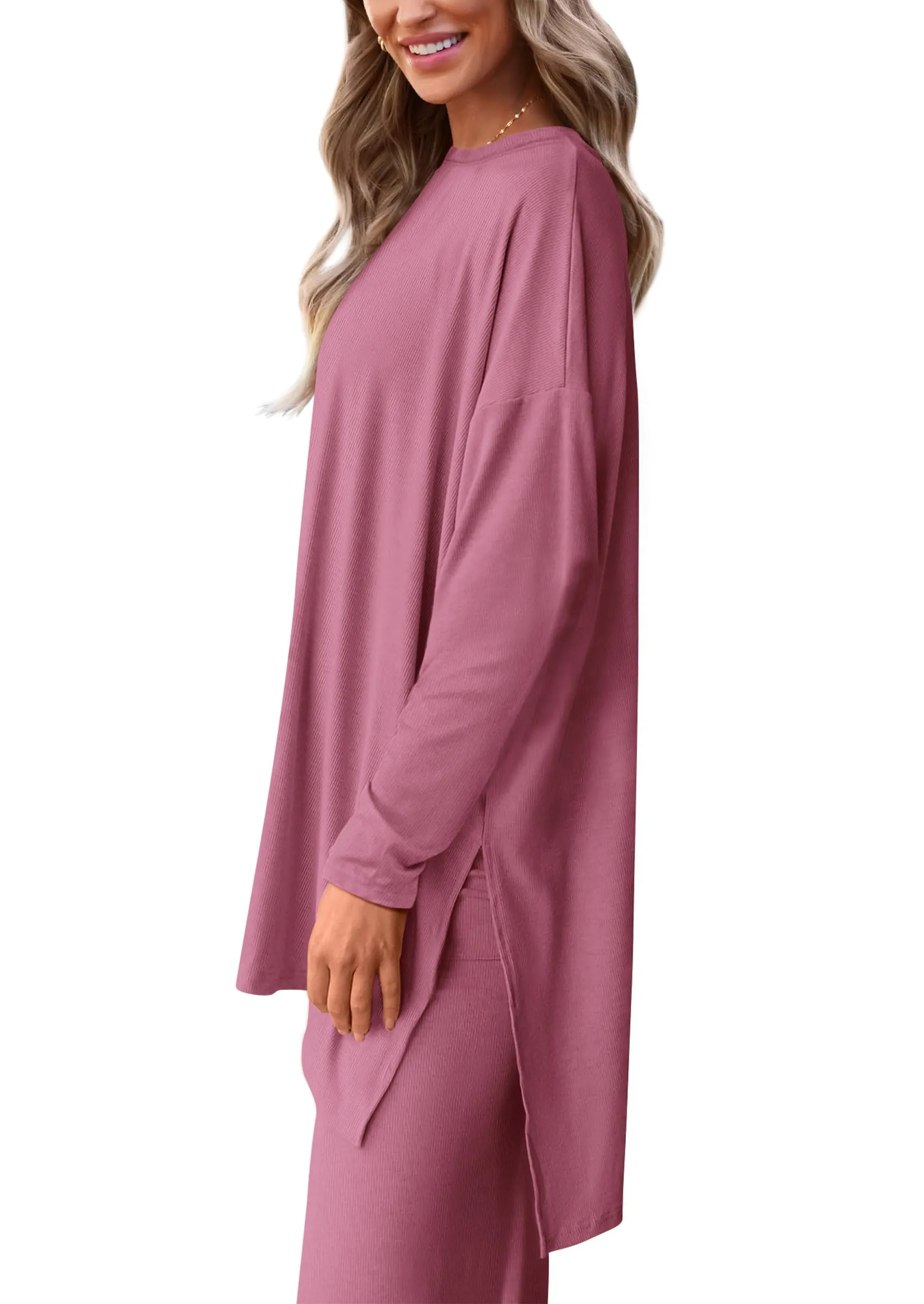 Long Sleeve High Low Tops T-Shirts Wide Leg Pants Two Piece Sets
