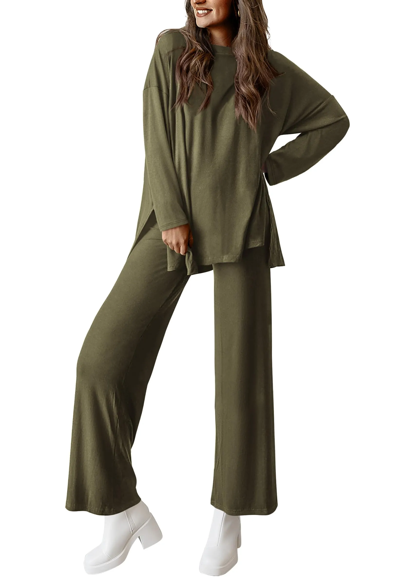 Long Sleeve High Low Tops T-Shirts Wide Leg Pants Two Piece Sets