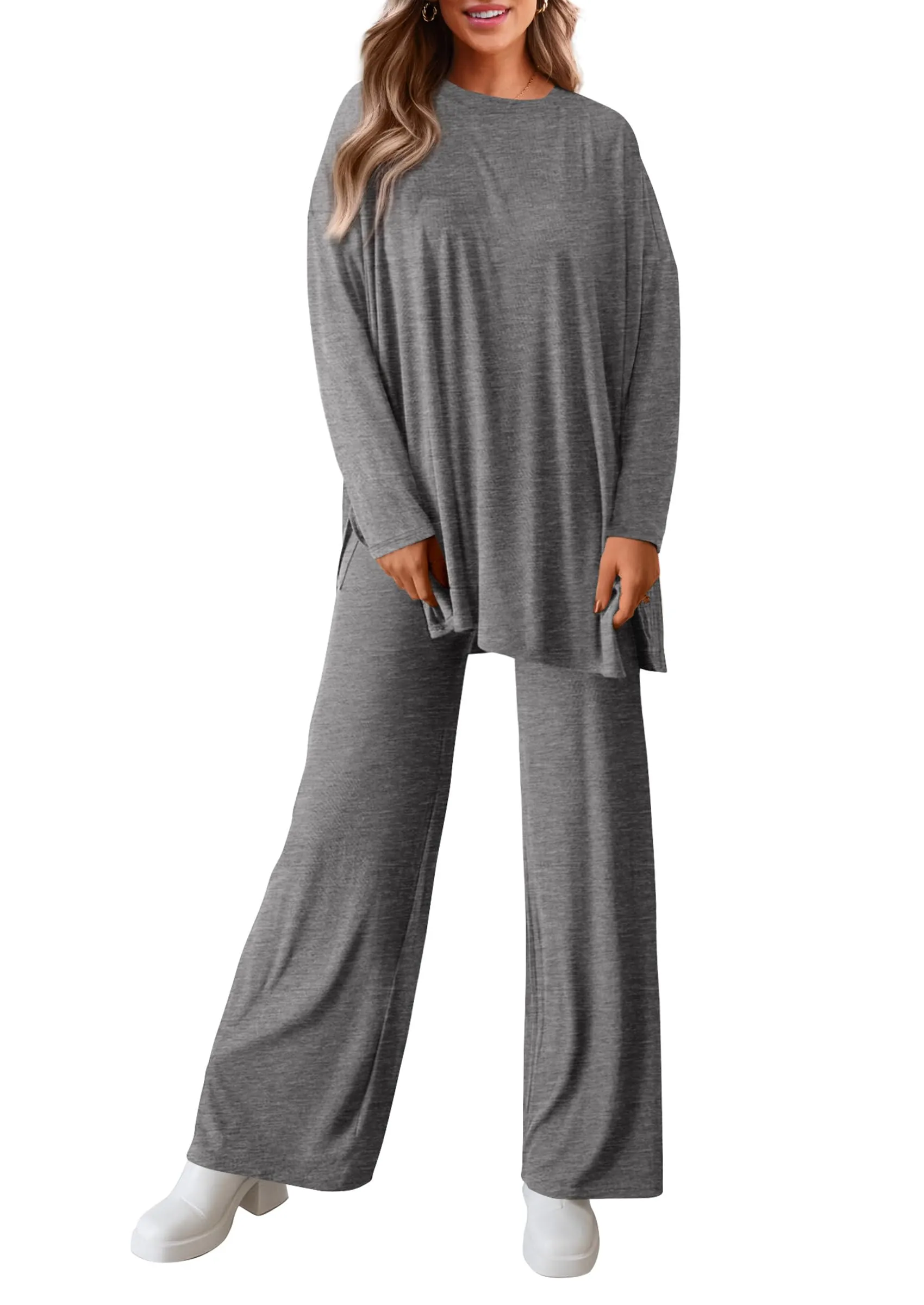 Long Sleeve High Low Tops T-Shirts Wide Leg Pants Two Piece Sets