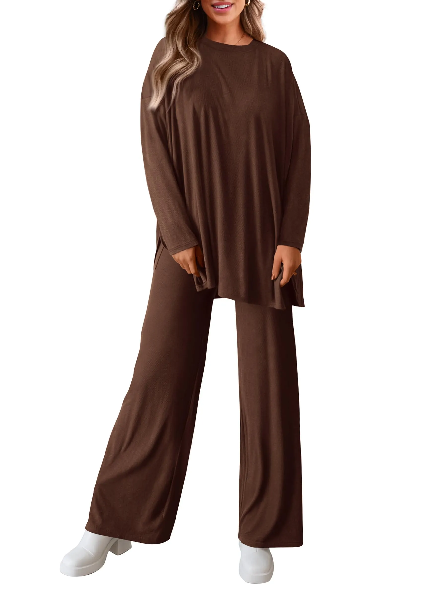 Long Sleeve High Low Tops T-Shirts Wide Leg Pants Two Piece Sets