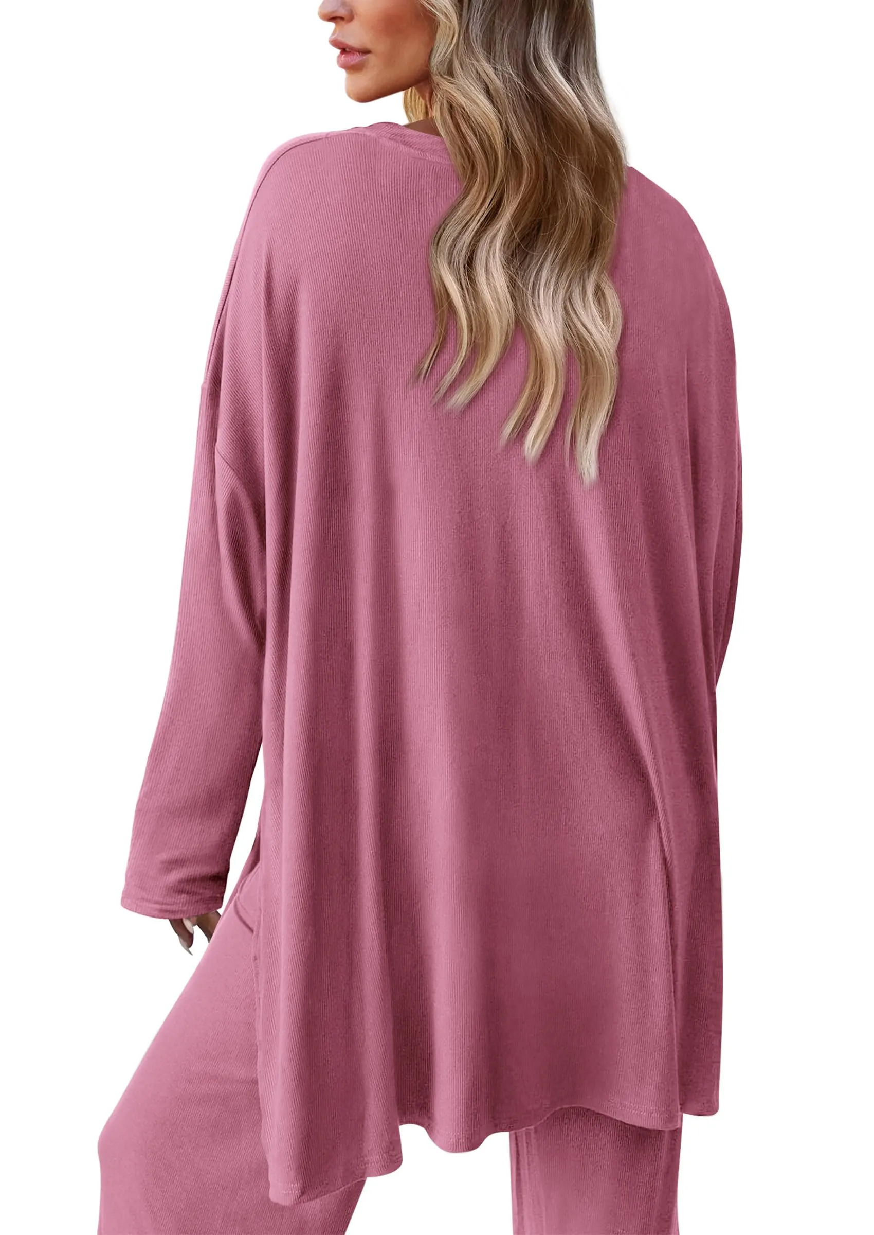Long Sleeve High Low Tops T-Shirts Wide Leg Pants Two Piece Sets