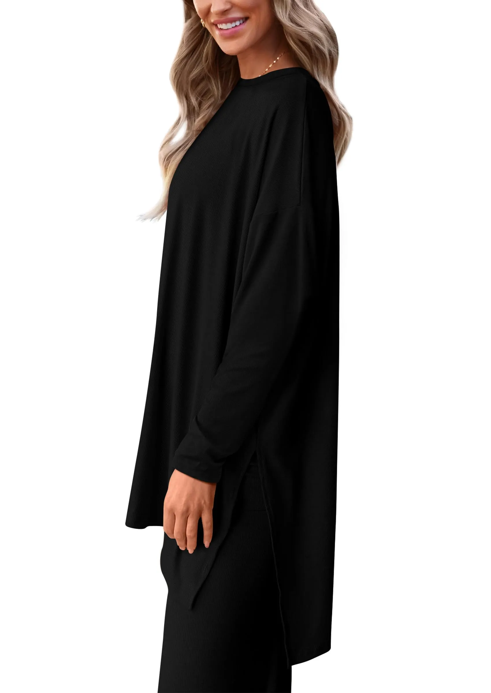 Long Sleeve High Low Tops T-Shirts Wide Leg Pants Two Piece Sets